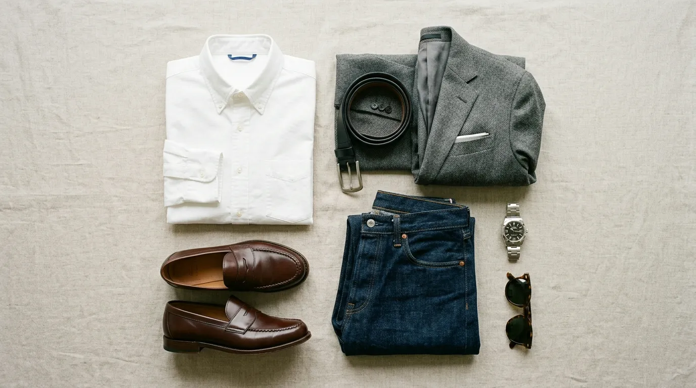 Minimal men’s capsule wardrobe layout with shirts, jeans, jackets, and shoes arranged for easy outfit coordination.