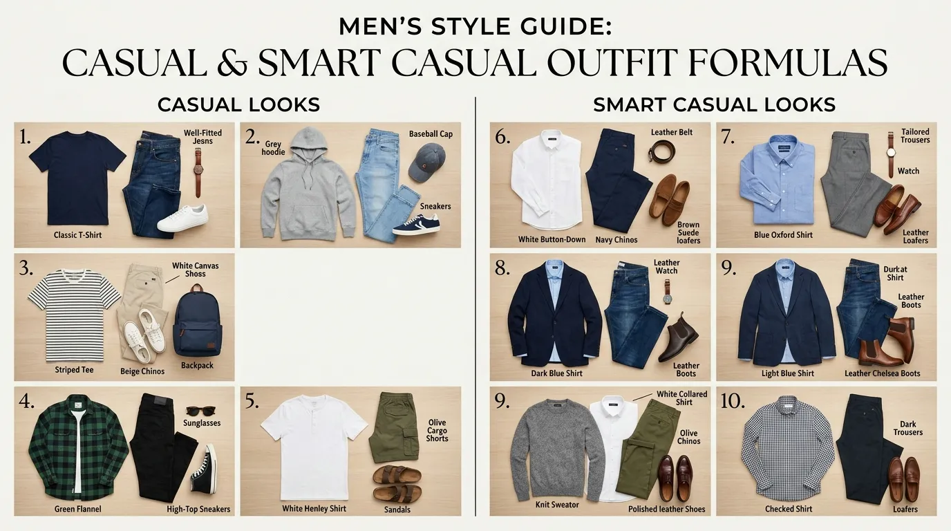 Man wearing coordinated casual and smart casual outfits including jeans, chinos, shirts, and sneakers for different occasions.
