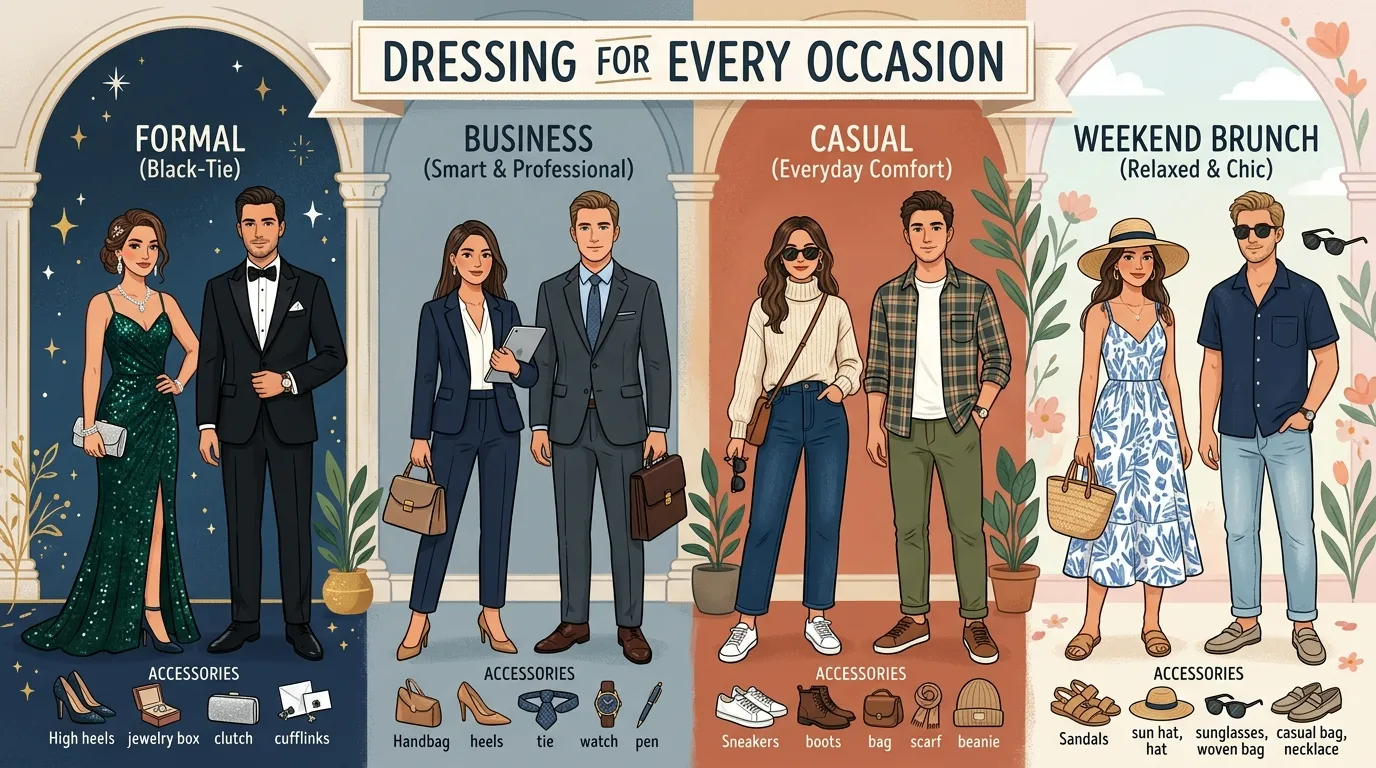 Split scene showing casual, smart casual, and formal outfits demonstrating how clothing changes appropriately for different social and professional events.