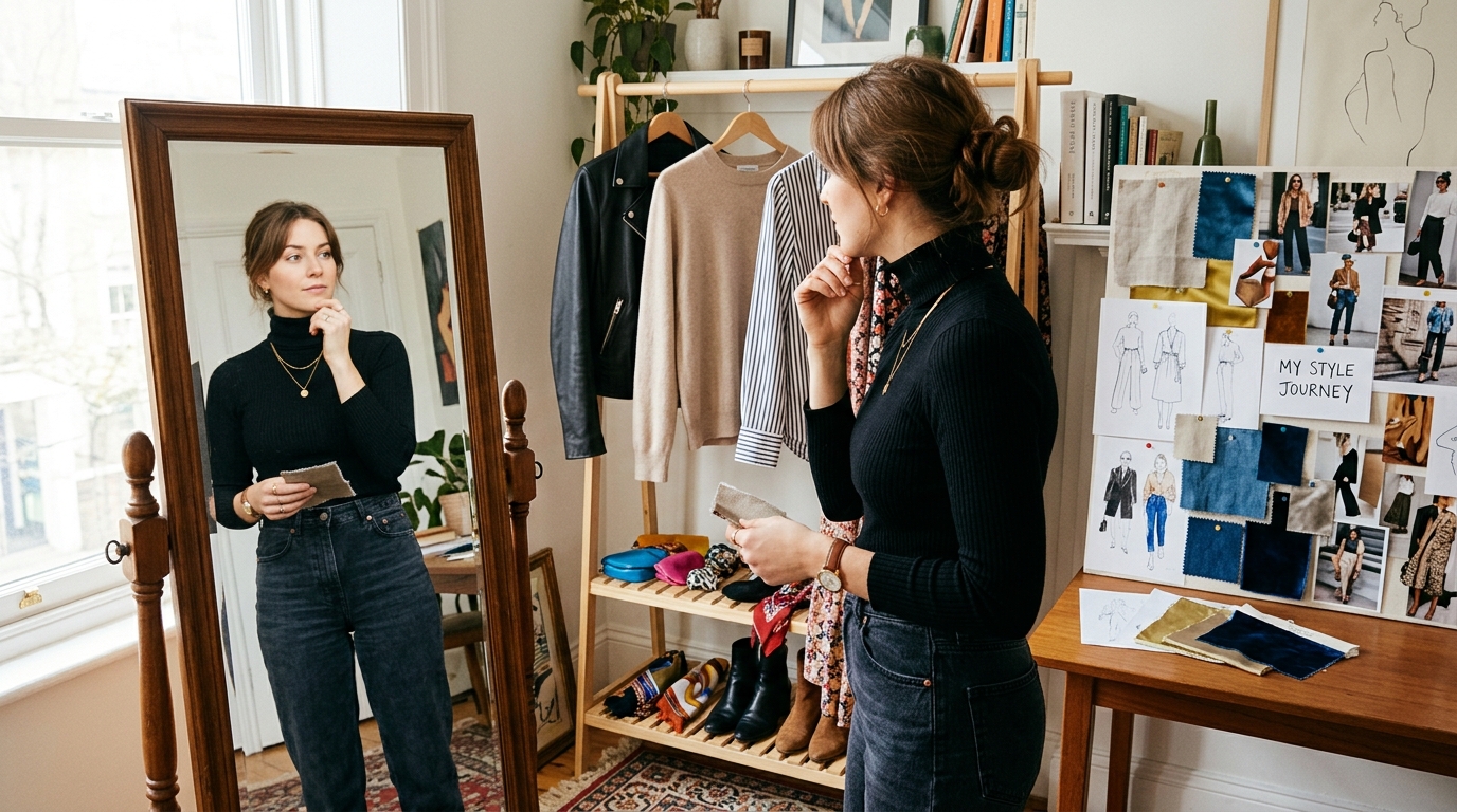 Person organizing clothes during a wardrobe audit to discover their personal fashion style