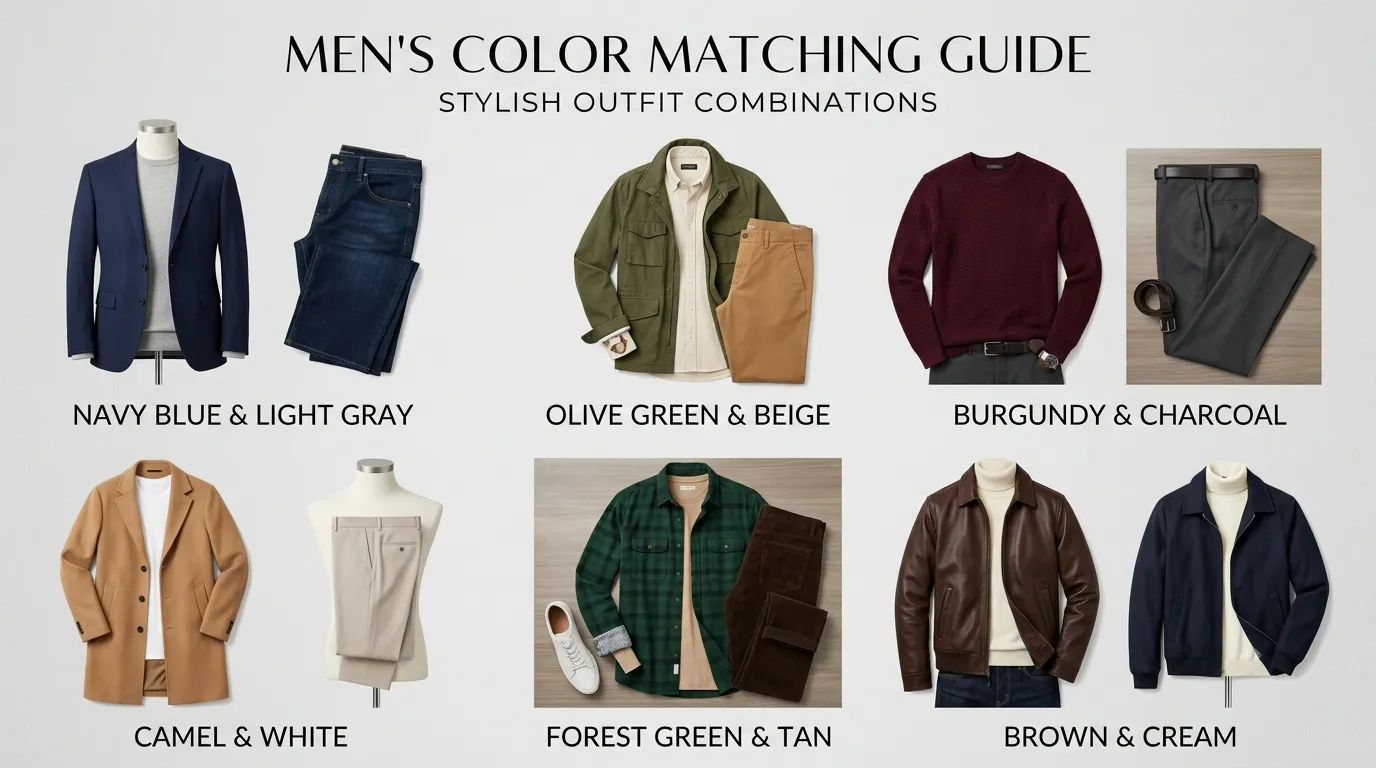 Color wheel and wardrobe clothing pieces showing how men can match outfits using neutral, warm, and cool tones.