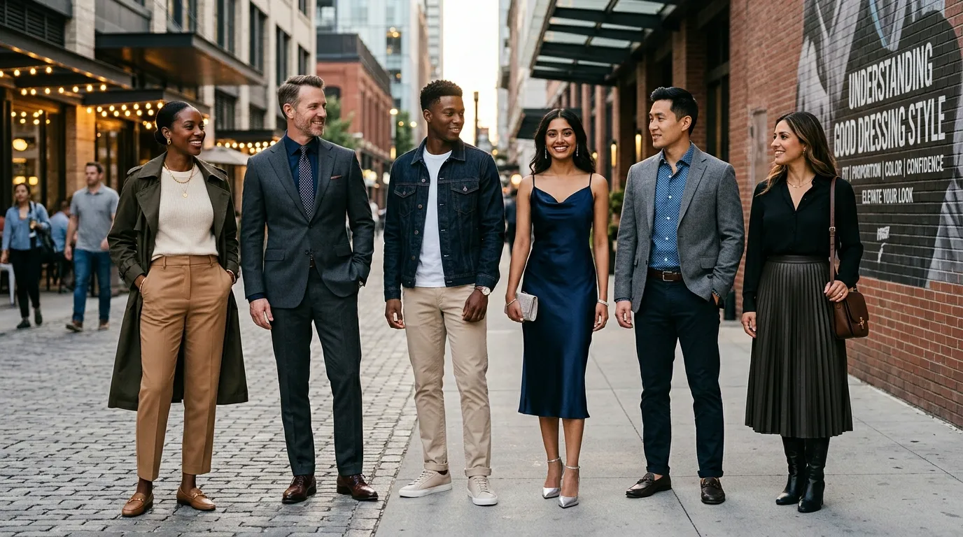 A well-dressed person standing confidently in simple, well-fitted casual clothing showing balanced colors and clean style in a modern urban environment.