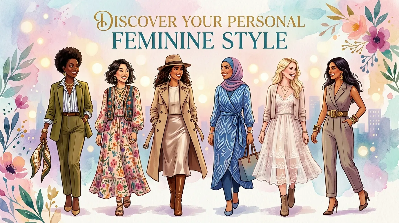 Woman exploring different feminine fashion styles with dresses, blazers, skirts, and accessories in a modern wardrobe.