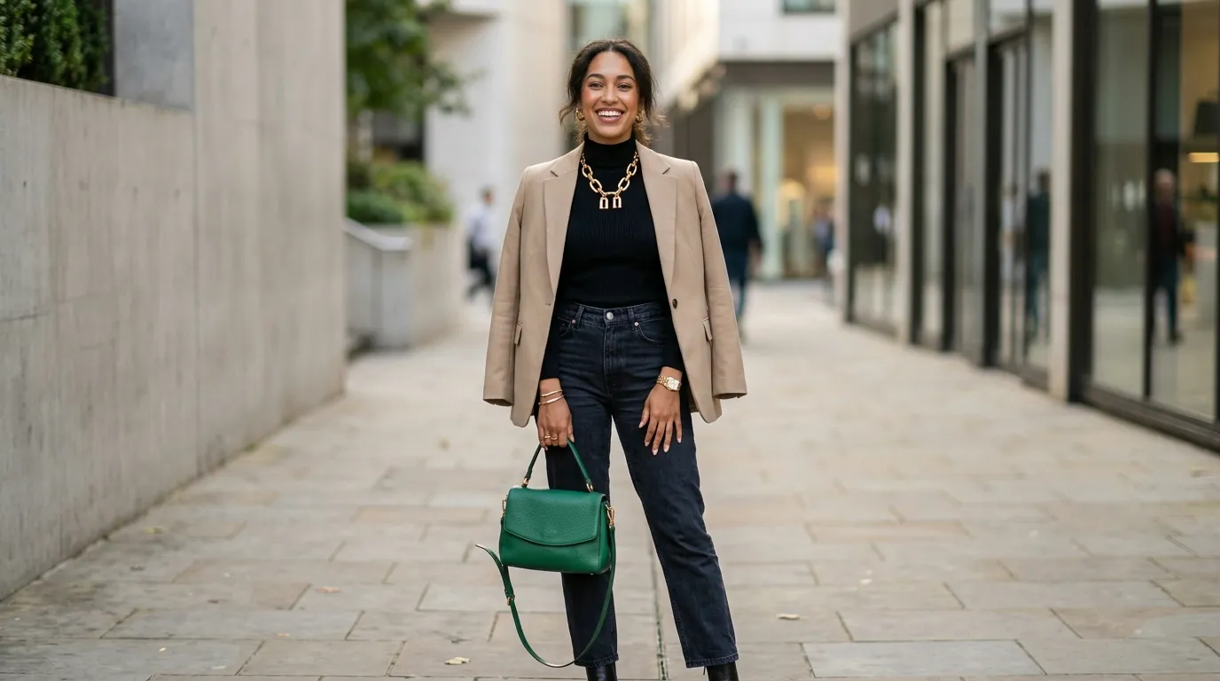 Stylish woman wearing elegant feminine attire with statement jewelry, handbag, and heels, showcasing confidence and timeless fashion.