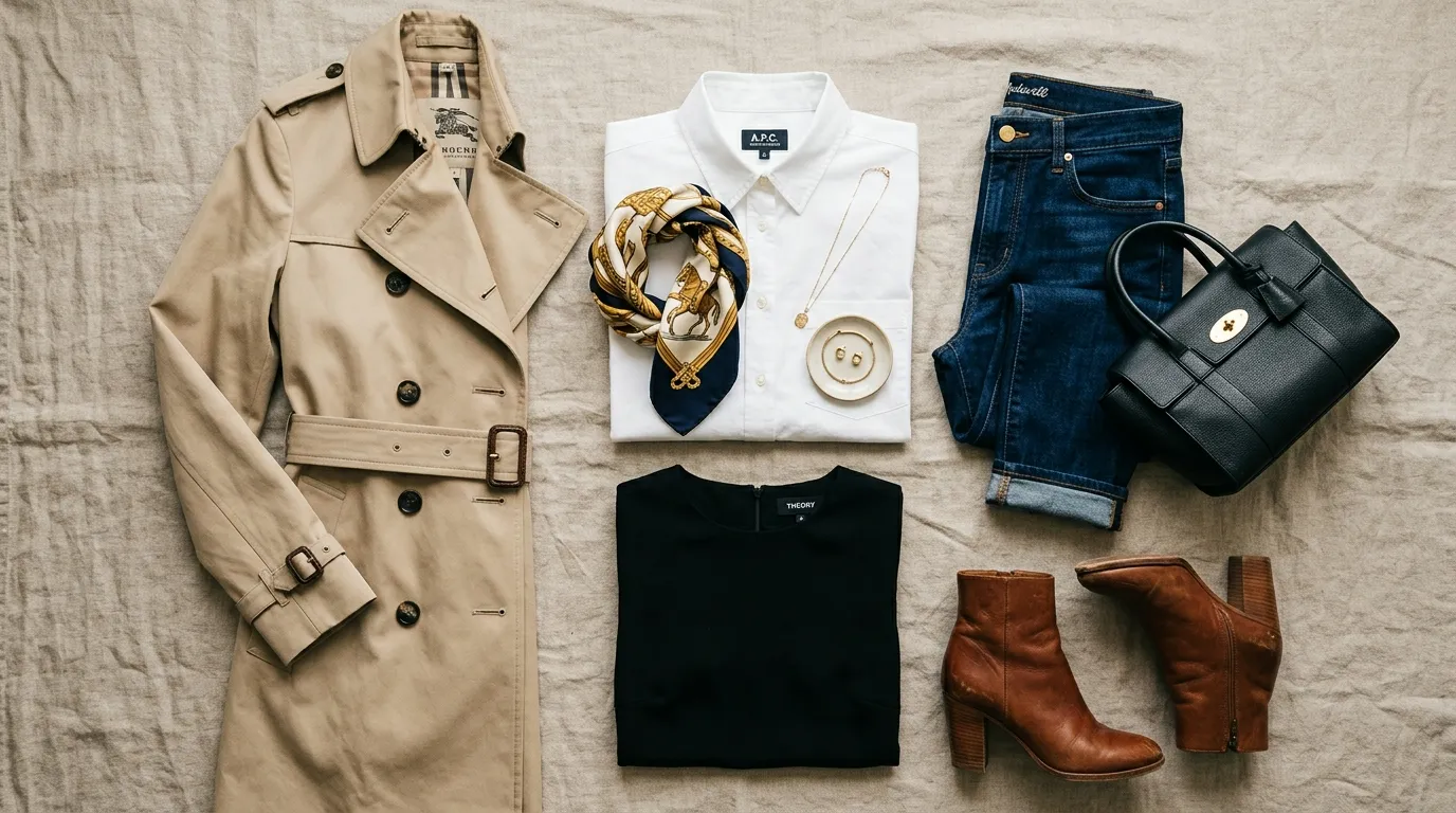 Capsule wardrobe featuring a white shirt, tailored blazer, little black dress, jeans, midi skirt, trench coat, and neutral accessories.